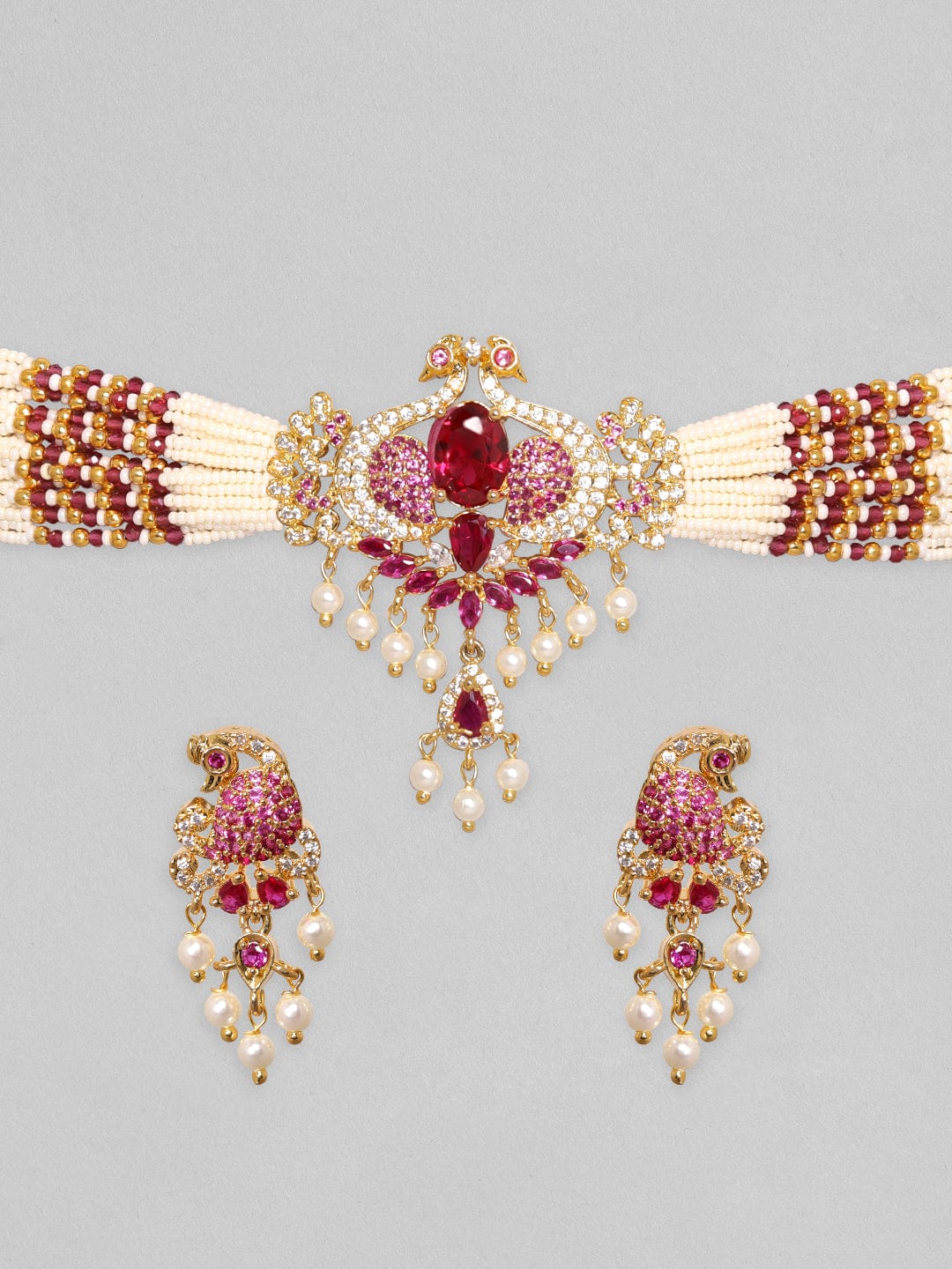 Rubans 22K Gold Plated Ruby Zircon Pearl Beaded Peacock Choker Set Necklace Set