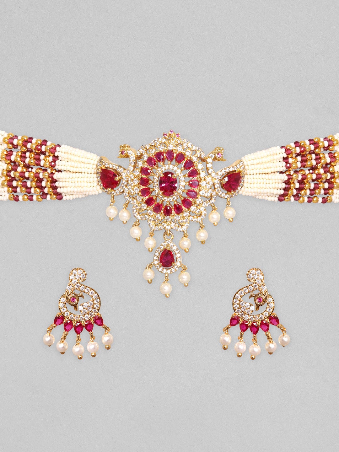 Rubans 22K Gold Plated Ruby Zircon Pearl Beaded Peacock Choker Set Necklace Set