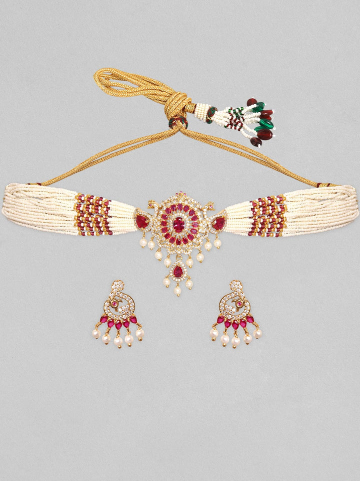 Rubans 22K Gold Plated Ruby Zircon Pearl Beaded Peacock Choker Set Necklace Set