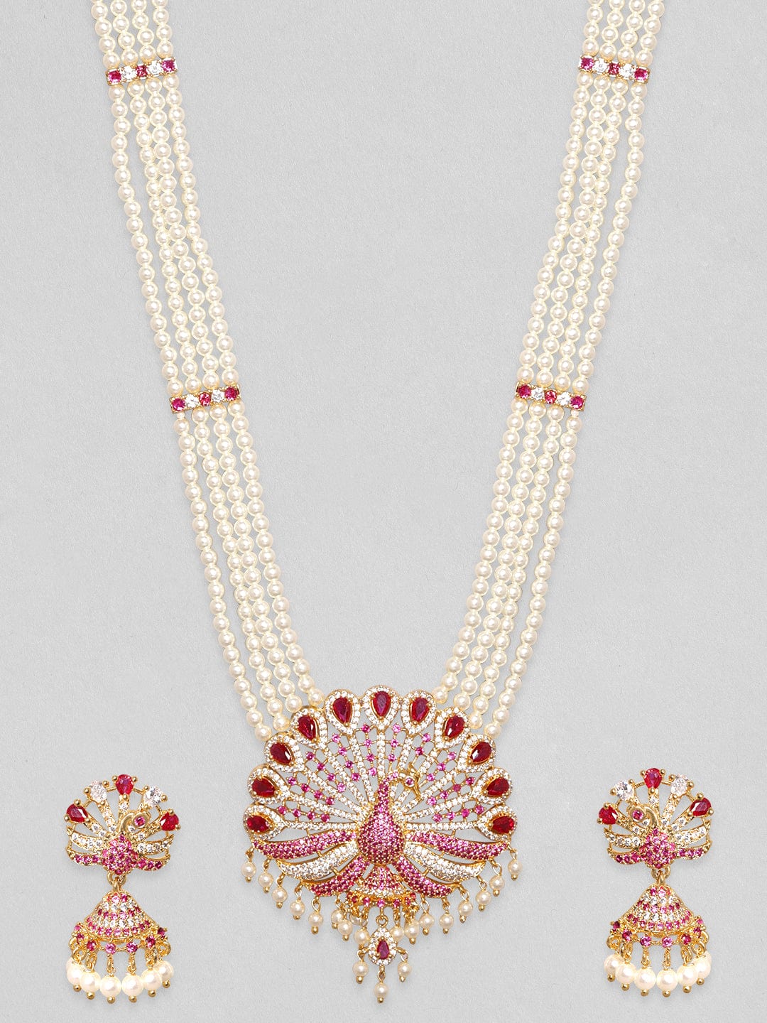 Rubans 22K Gold Plated Ruby Zircon Pearl Beaded Peacock Long Necklace Set Necklace Set