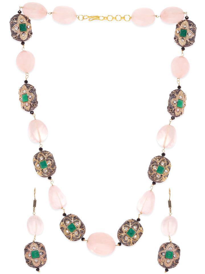 Rubans 22K Gold plated Semi precious Gem Rose Quartz Beaded Zirconia studded Victorian Statement Necklace Set Jewellery Sets