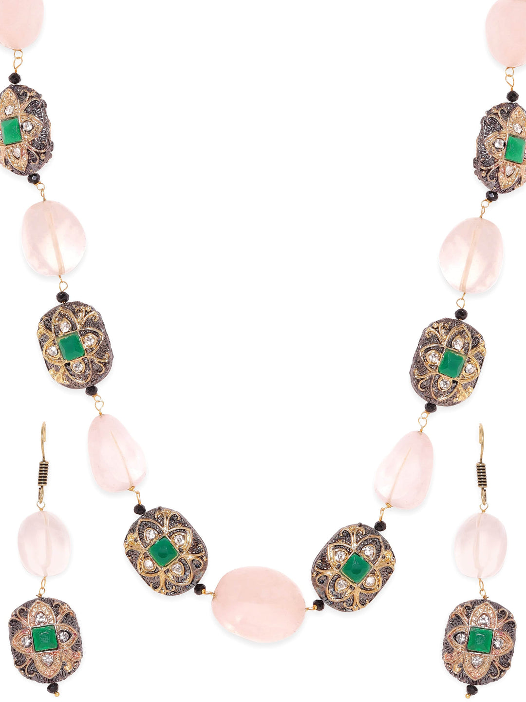 Rubans 22K Gold plated Semi precious Gem Rose Quartz Beaded Zirconia studded Victorian Statement Necklace Set Jewellery Sets