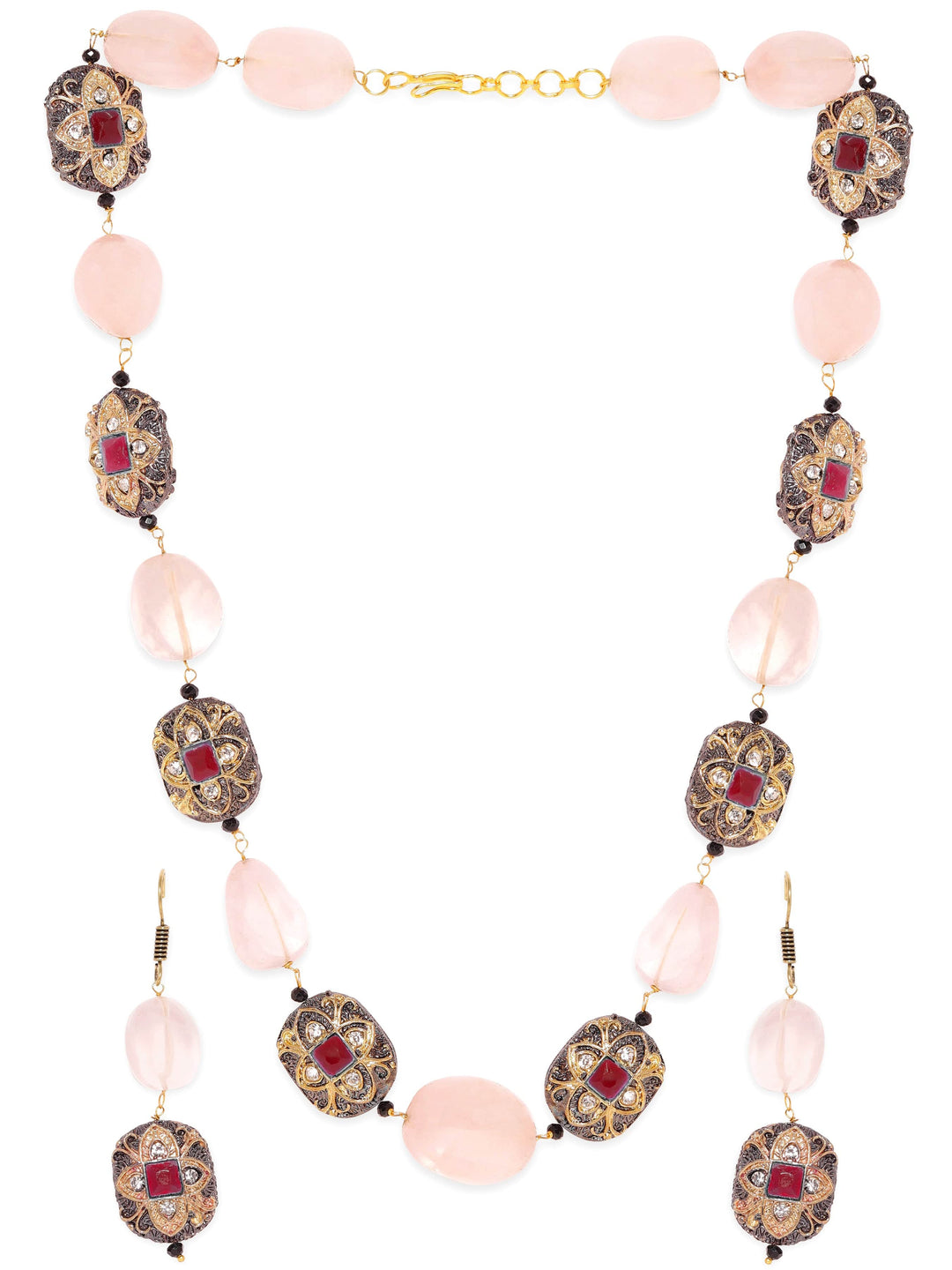 Rubans 22K Gold plated Semi precious Gem Rose Quartz Beaded Zirconia studded Victorian Statement Necklace Set Jewellery Sets