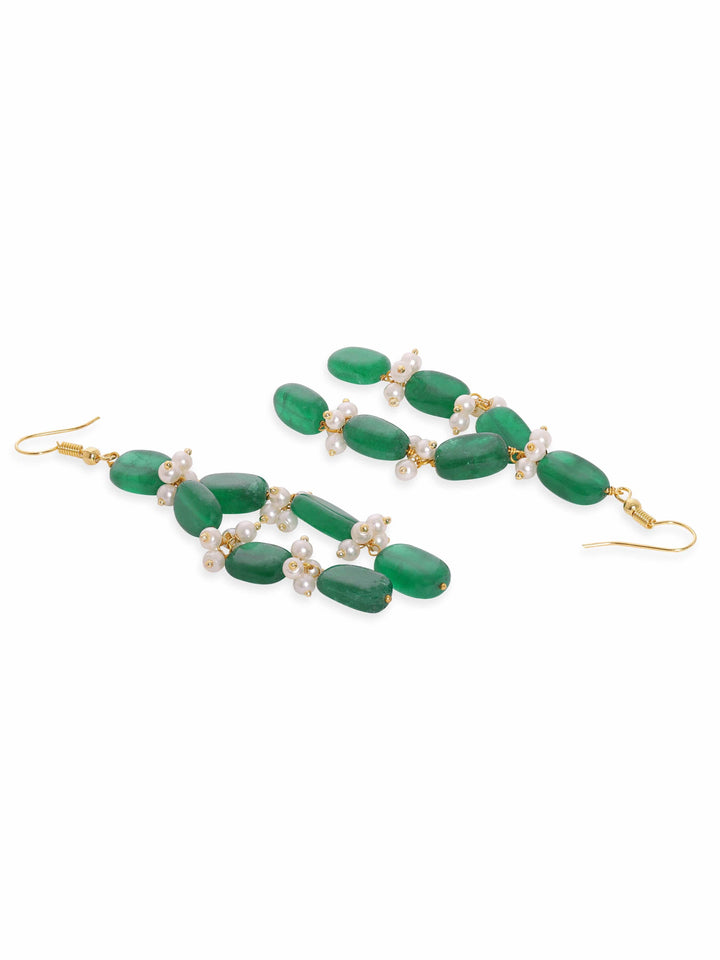 Rubans 22K Gold Plated Semi Precious Green Aventurine Gem Beaded Zirconia studded Tri Layer Statement Necklace Set Jewellery Sets