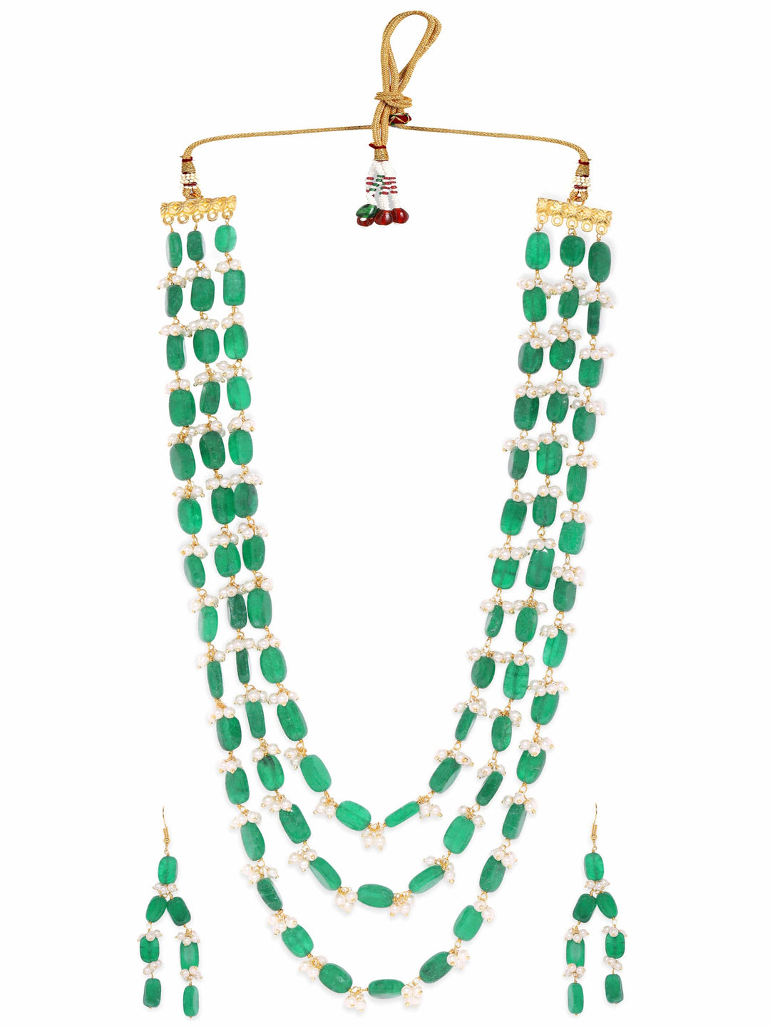 Rubans 22K Gold Plated Semi Precious Green Aventurine Gem Beaded Zirconia studded Tri Layer Statement Necklace Set Jewellery Sets