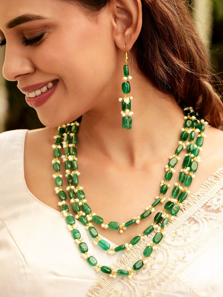 Rubans 22K Gold Plated Semi Precious Green Aventurine Gem Beaded Zirconia studded Tri Layer Statement Necklace Set Jewellery Sets