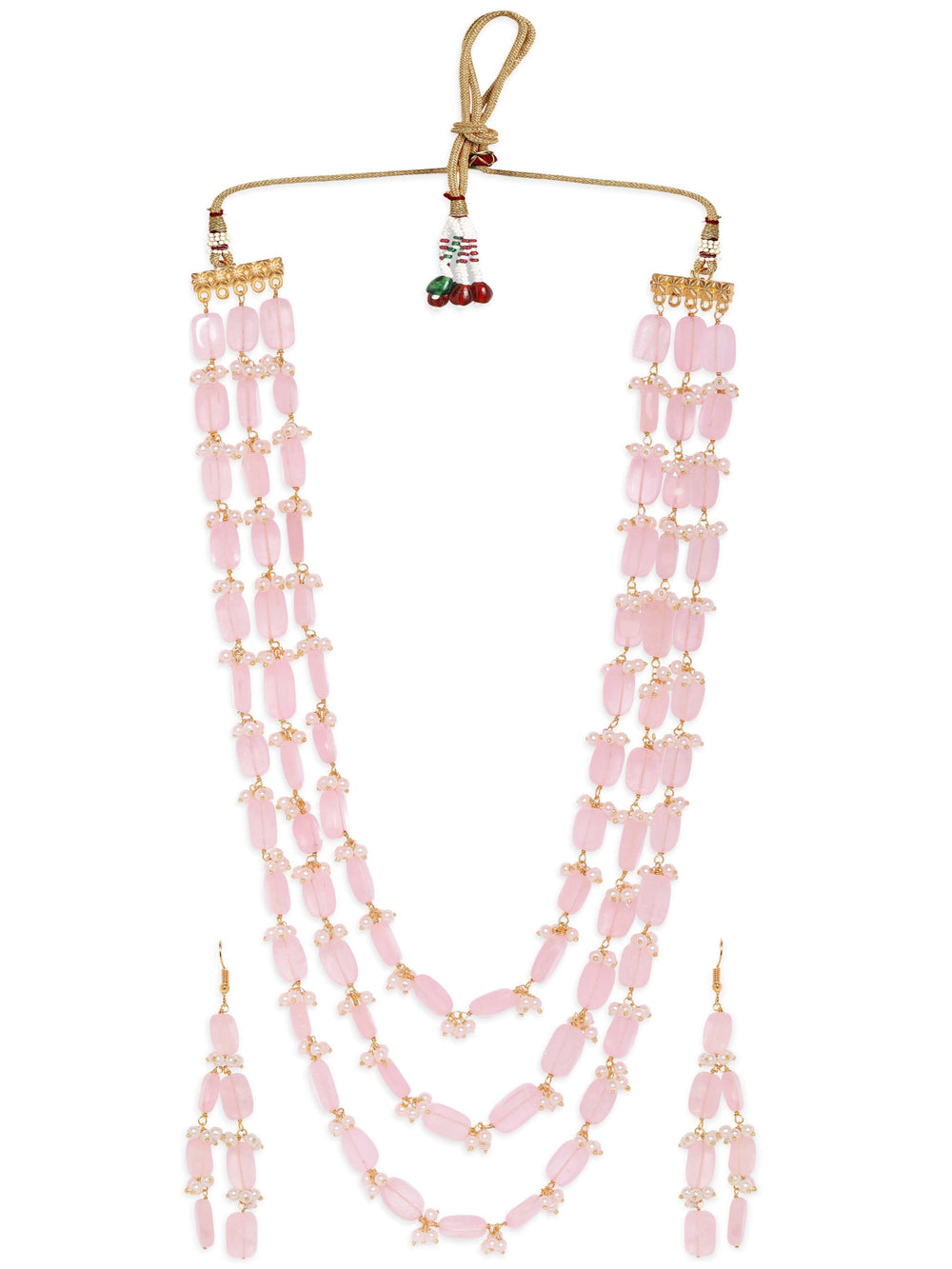 Rubans 22K Gold Plated Semi precious Rose quarts Gem Beaded Zirconia studded Multilayer Statement Necklace Set Jewellery Sets