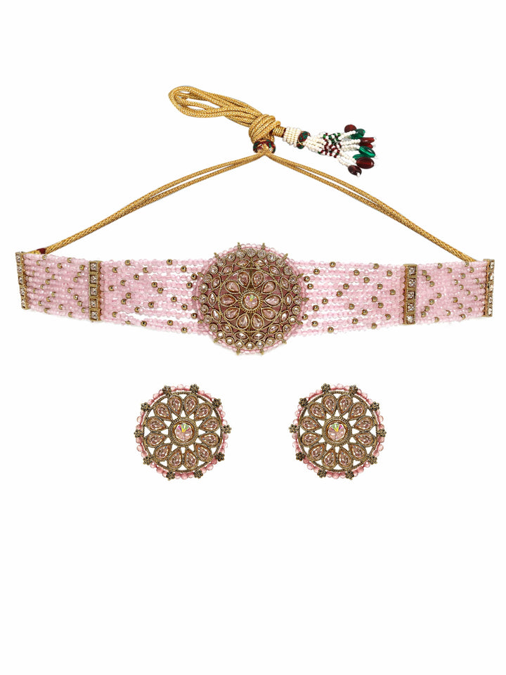 Rubans 22k mehndi Gold plated Dazzling Reverse AD pastel pink beaded choker set Jewellery Sets