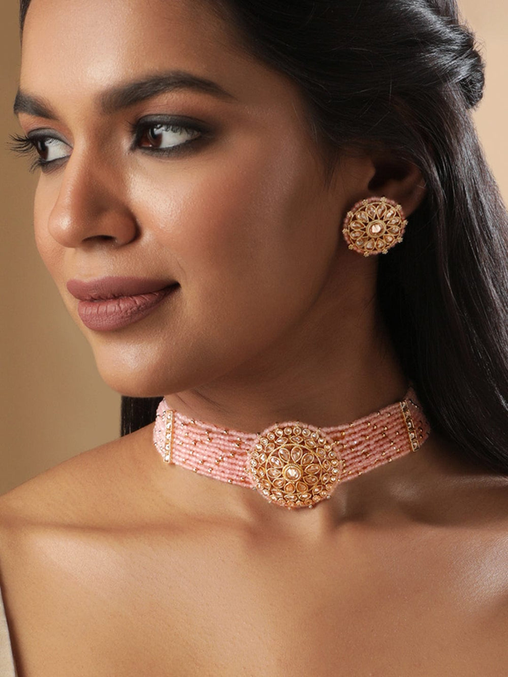 Rubans 22k mehndi Gold plated Dazzling Reverse AD pastel pink beaded choker set Jewellery Sets