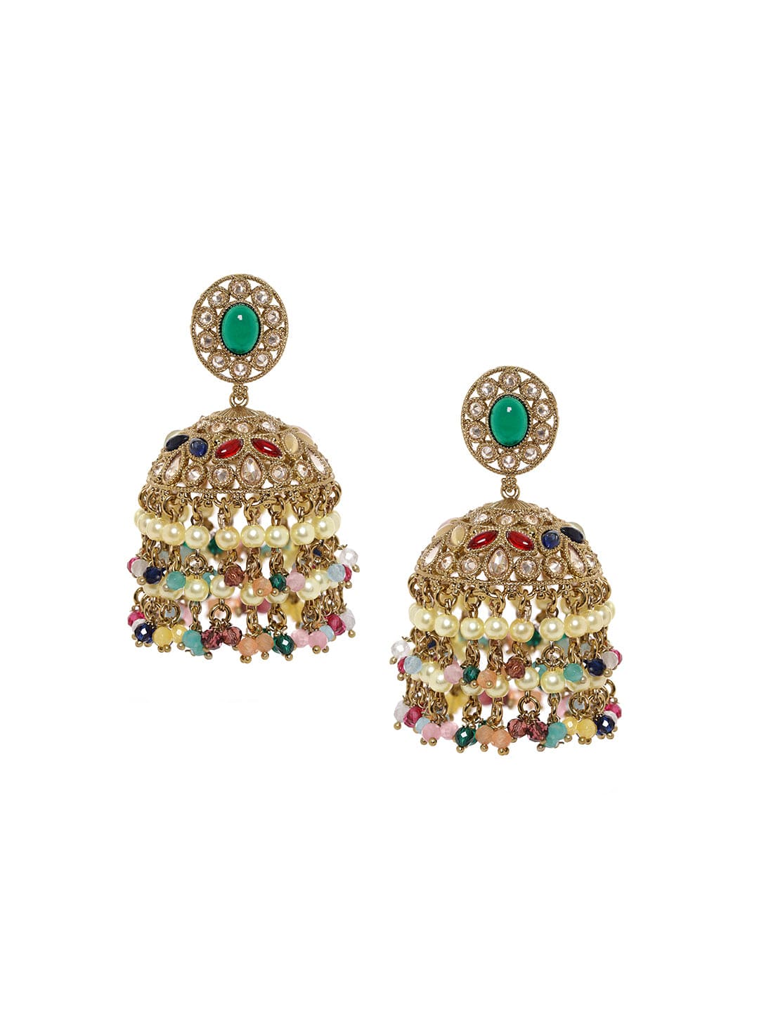 Rubans 22k Mehndi gold plated multicolor reverse AD beaded jhumka earrings Earrings