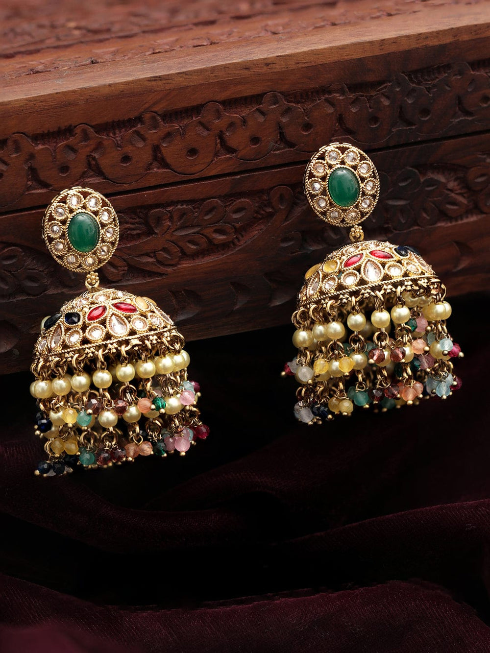 Rubans 22k Mehndi gold plated multicolor reverse AD beaded jhumka earrings Earrings