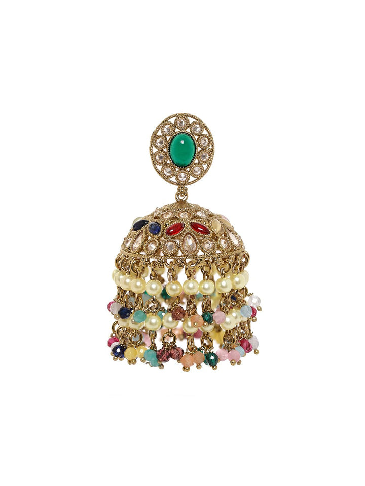 Rubans 22k Mehndi gold plated multicolor reverse AD beaded jhumka earrings Earrings