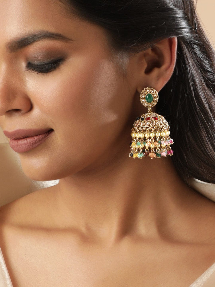 Rubans 22k Mehndi gold plated multicolor reverse AD beaded jhumka earrings Earrings