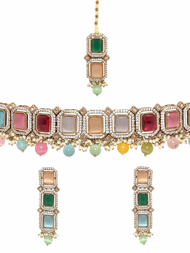 Rubans 22K Mehndi Gold Plated Multicolor & Reverse AD Studded Choker Set Earrings