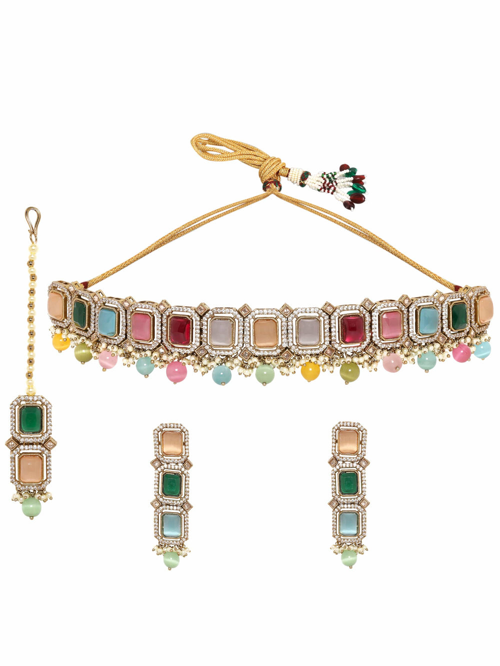 Rubans 22K Mehndi Gold Plated Multicolor & Reverse AD Studded Choker Set Earrings