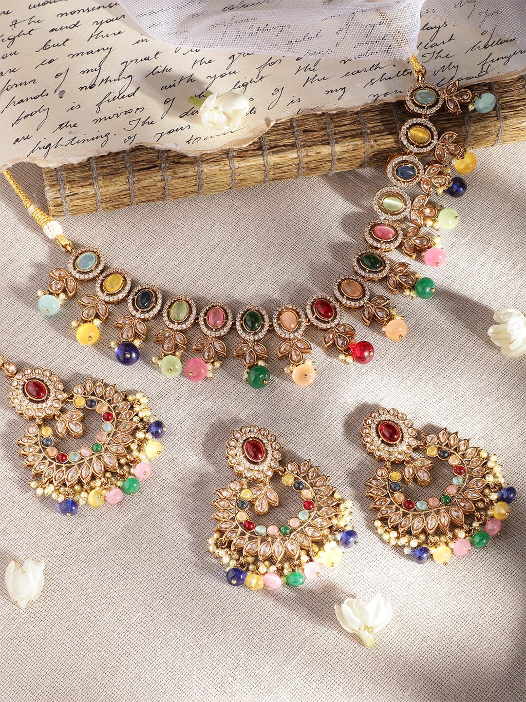 Rubans 22K Mehndi gold plated Multicolor & Reverse AD Studded Choker Set Jewellery Sets