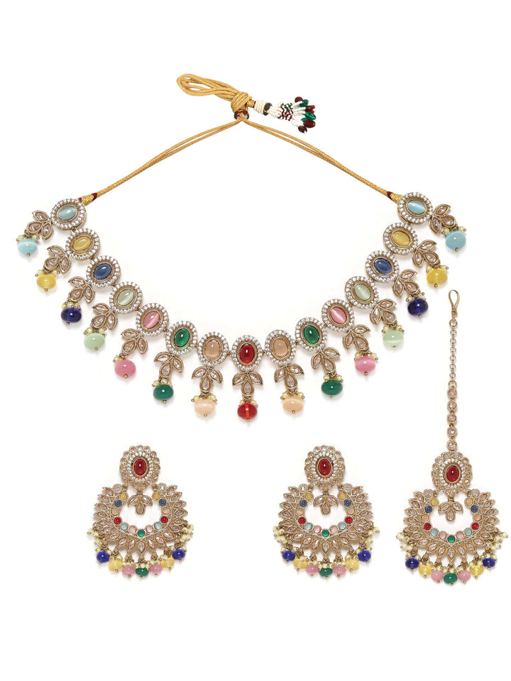 Rubans 22K Mehndi gold plated Multicolor & Reverse AD Studded Choker Set Jewellery Sets