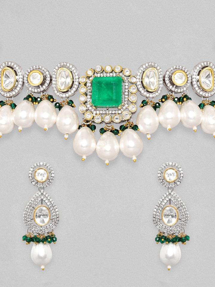 Rubans 24K Gold Plated Emerald Doublet Zirconia & Ringed Pearl Beaded Jewellery Set Necklace Set