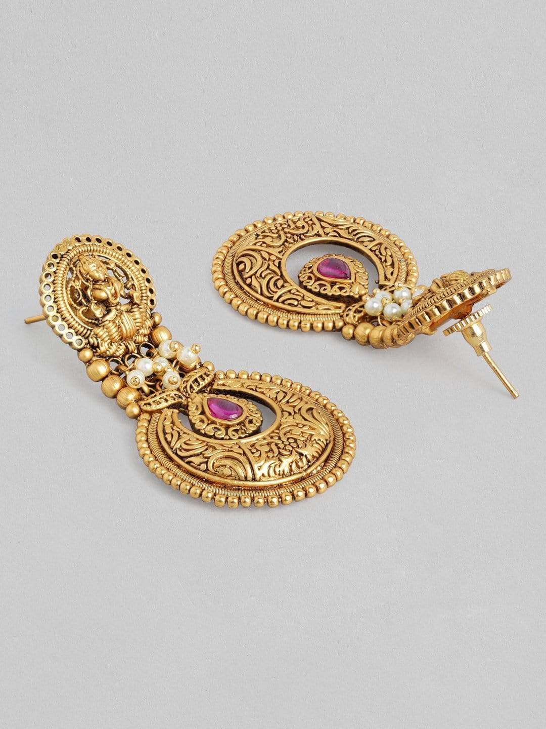 Rubans 24K Gold Plated Handcrafted Filigree & Pink Stone Temple Drop Earrings Earrings