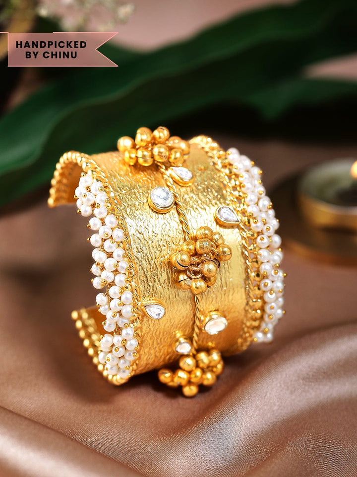 Rubans 24K Gold Plated Handcrafted Handcuff With Kundan, Pearls & Golden Beads Bangles & Bracelets