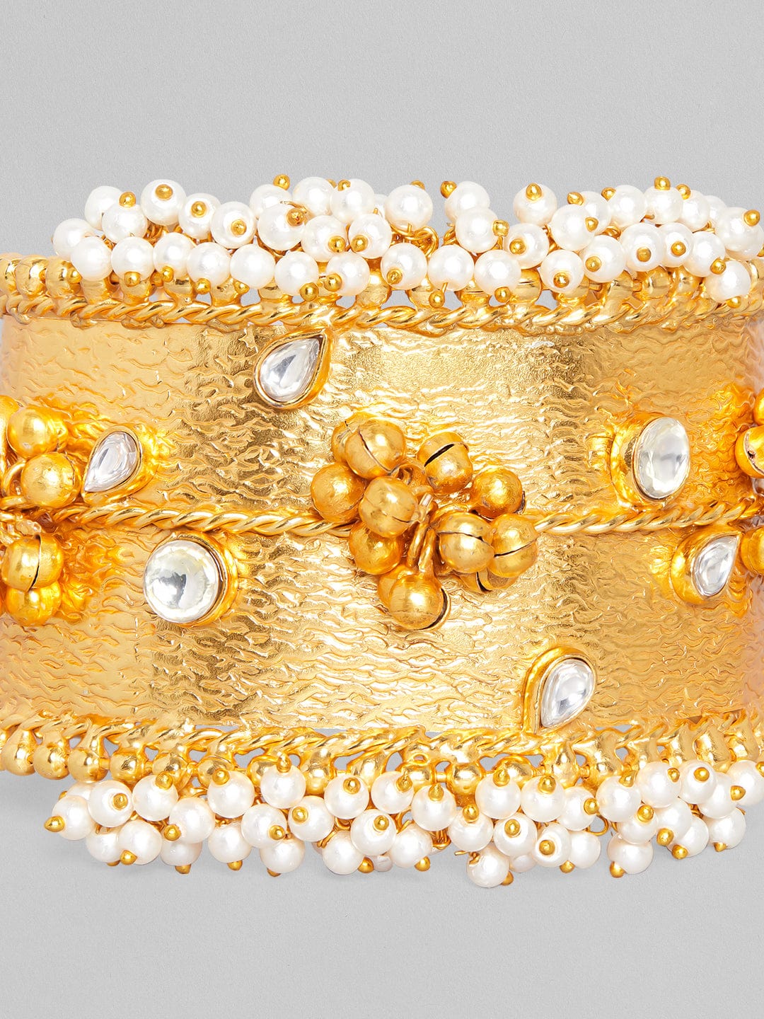 Rubans 24K Gold Plated Handcrafted Handcuff With Kundan, Pearls & Golden Beads Bangles & Bracelets