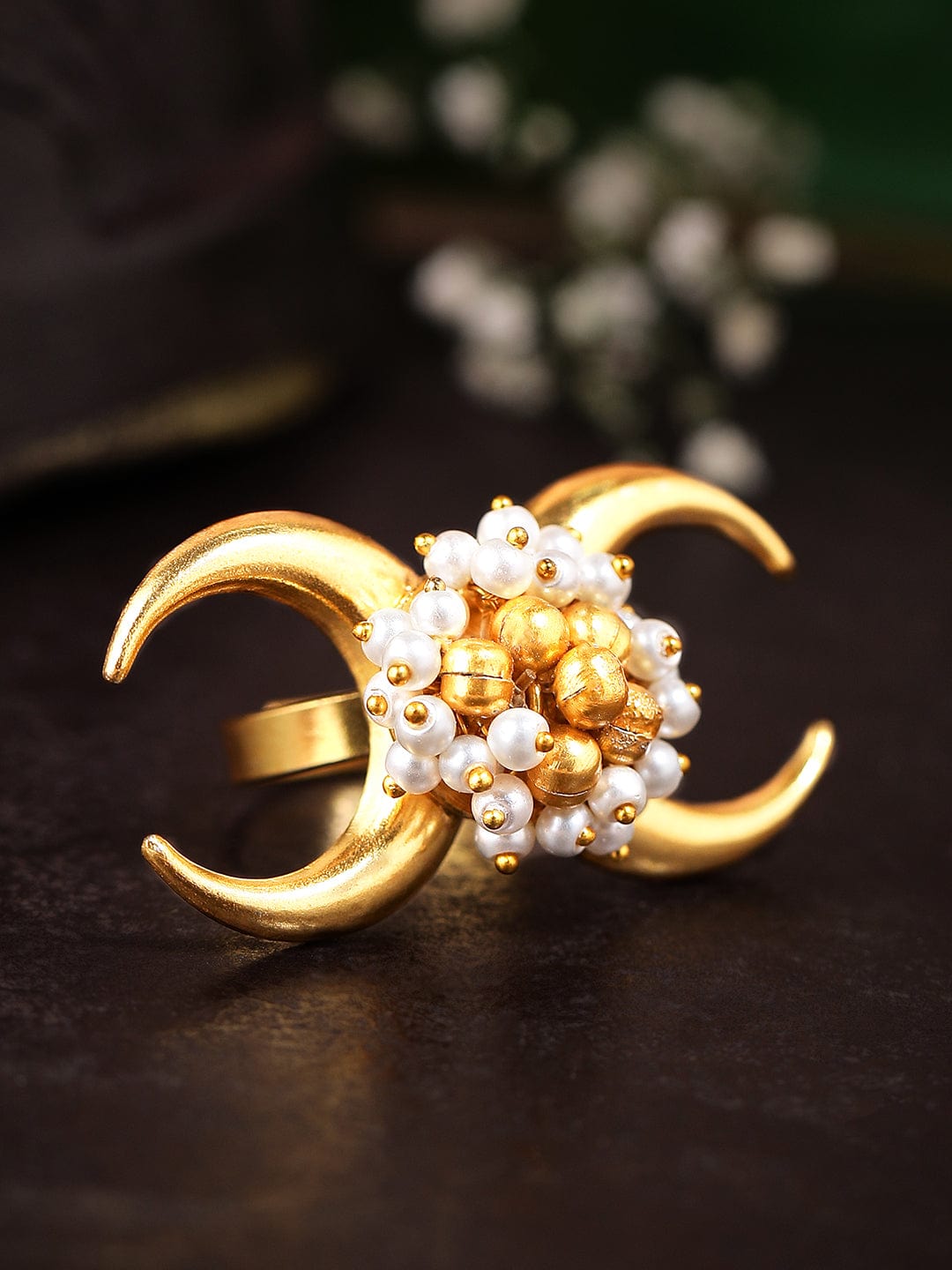 Rubans 24K Gold Plated Handcrafted Ring With Pearls, Golden Beads And Moon Design Rings