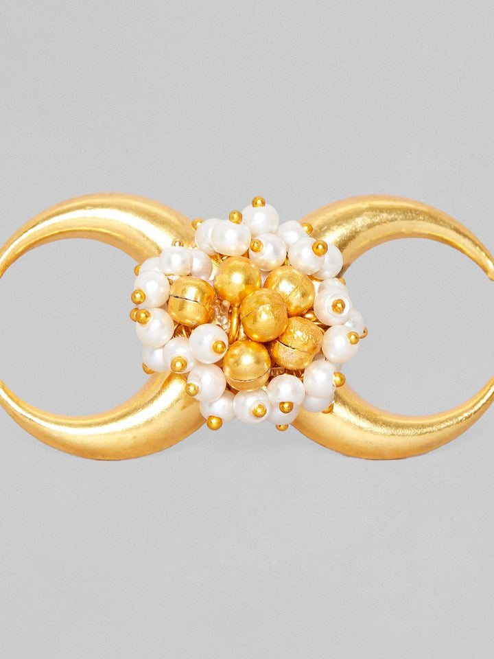 Rubans 24K Gold Plated Handcrafted Ring With Pearls, Golden Beads And Moon Design Rings