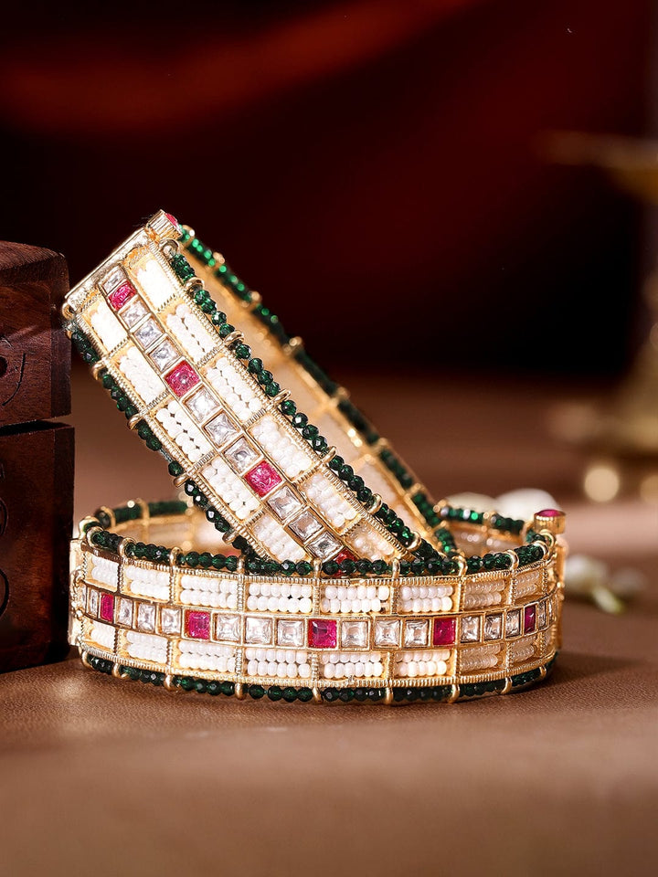 Rubans 24k Gold plated kundan & kemp studded green crystal with pearl beaded handcrafted bangles Bangles & Bracelets