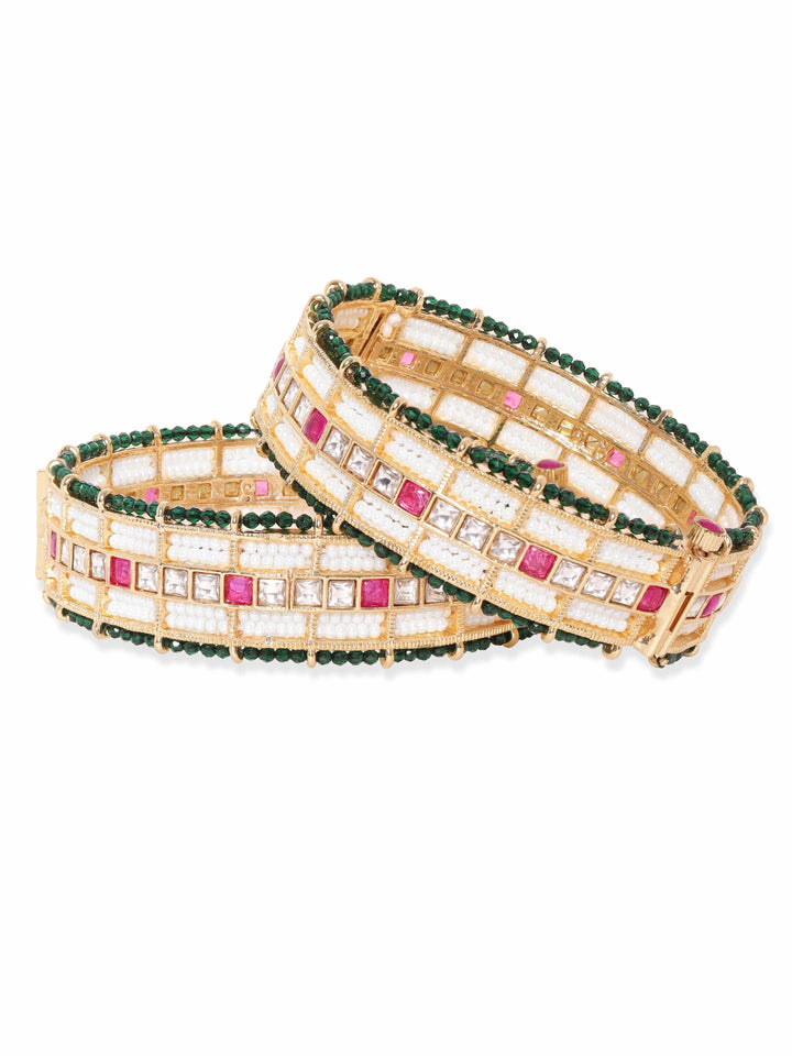 Rubans 24k Gold plated kundan & kemp studded green crystal with pearl beaded handcrafted bangles Bangles & Bracelets