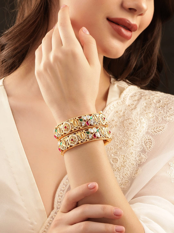 Rubans 24k Gold plated kundan & kemp studded handcrafted bangles Bangles & Bracelets