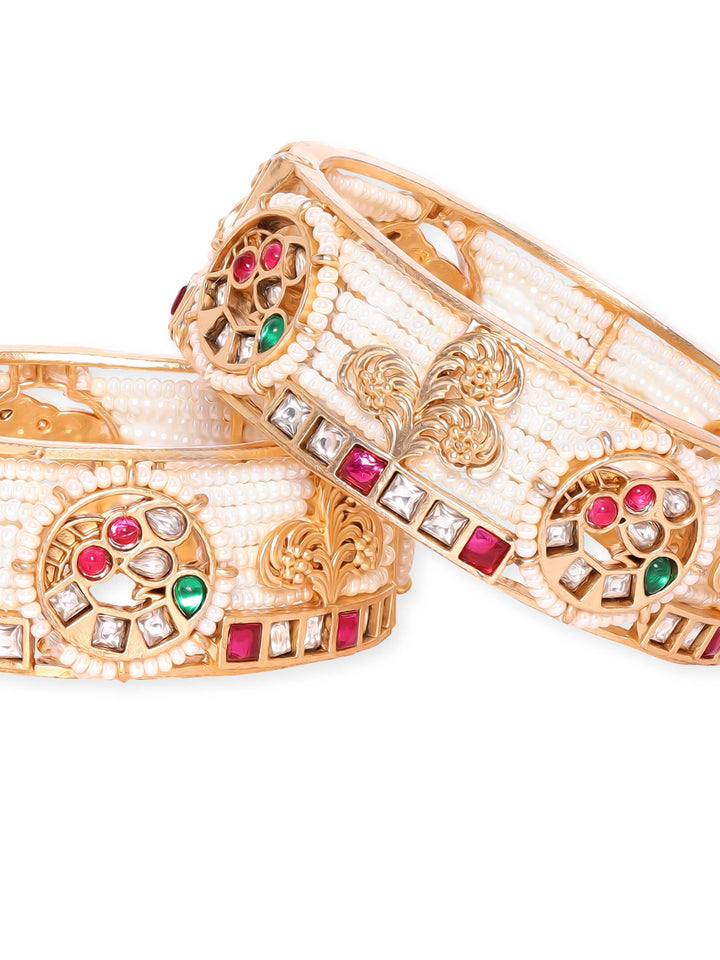 Rubans 24k Gold plated kundan & kemp studded pearl beaded handcrafted bangles Bangles & Bracelets