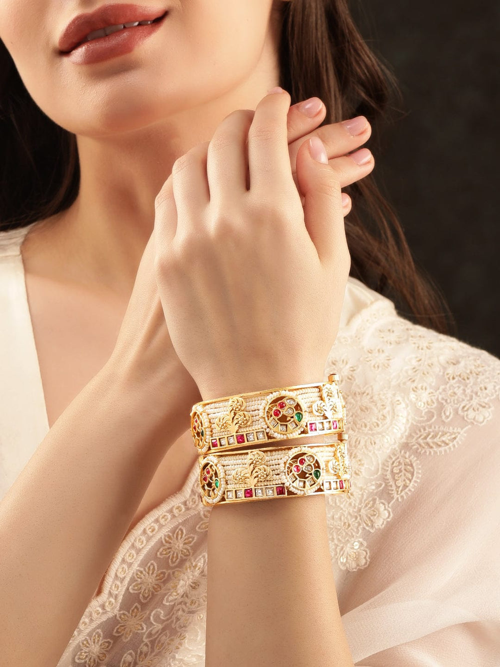 Rubans 24k Gold plated kundan & kemp studded pearl beaded handcrafted bangles Bangles & Bracelets