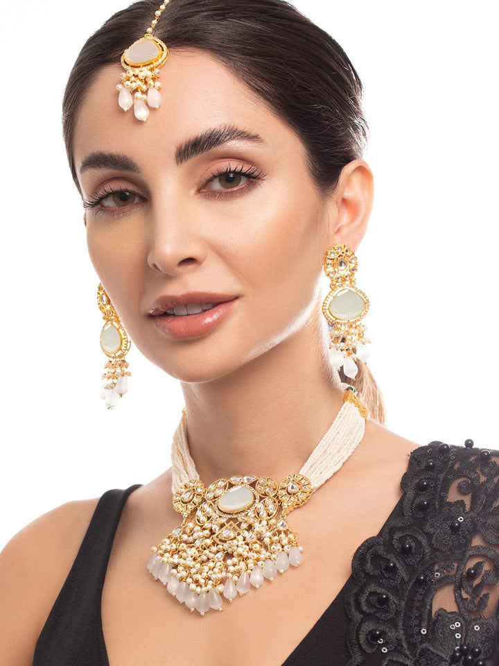 Rubans 24K Gold Plated Kundan Necklace Set Embellished With Pearls Necklace Set