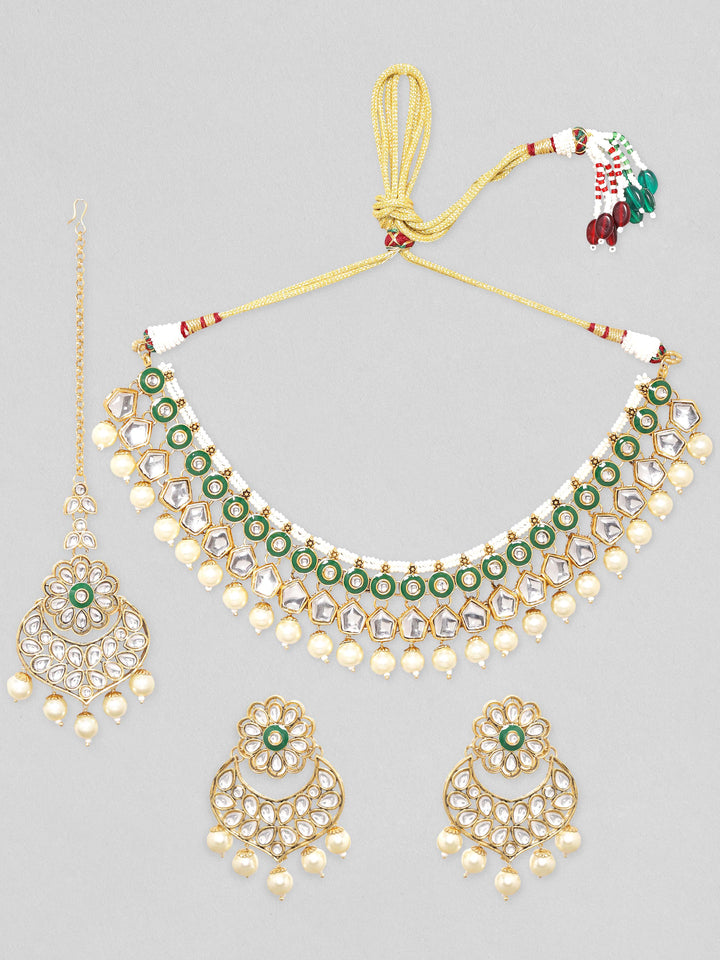 Rubans 24K Gold Plated Kundan Studded Green Enemal Pearl Beaded Jewellery Set Earrings