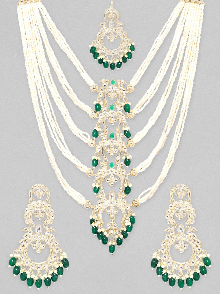 Rubans 24K Gold Plated Kundan Studded Pearl Beaded Long Necklace, Earring & Maangtikka Set Necklace Set