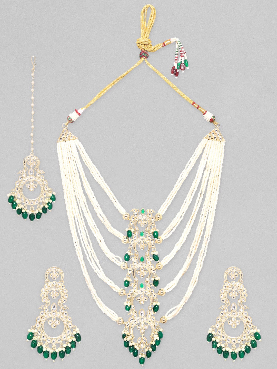 Rubans 24K Gold Plated Kundan Studded Pearl Beaded Long Necklace, Earring & Maangtikka Set Necklace Set