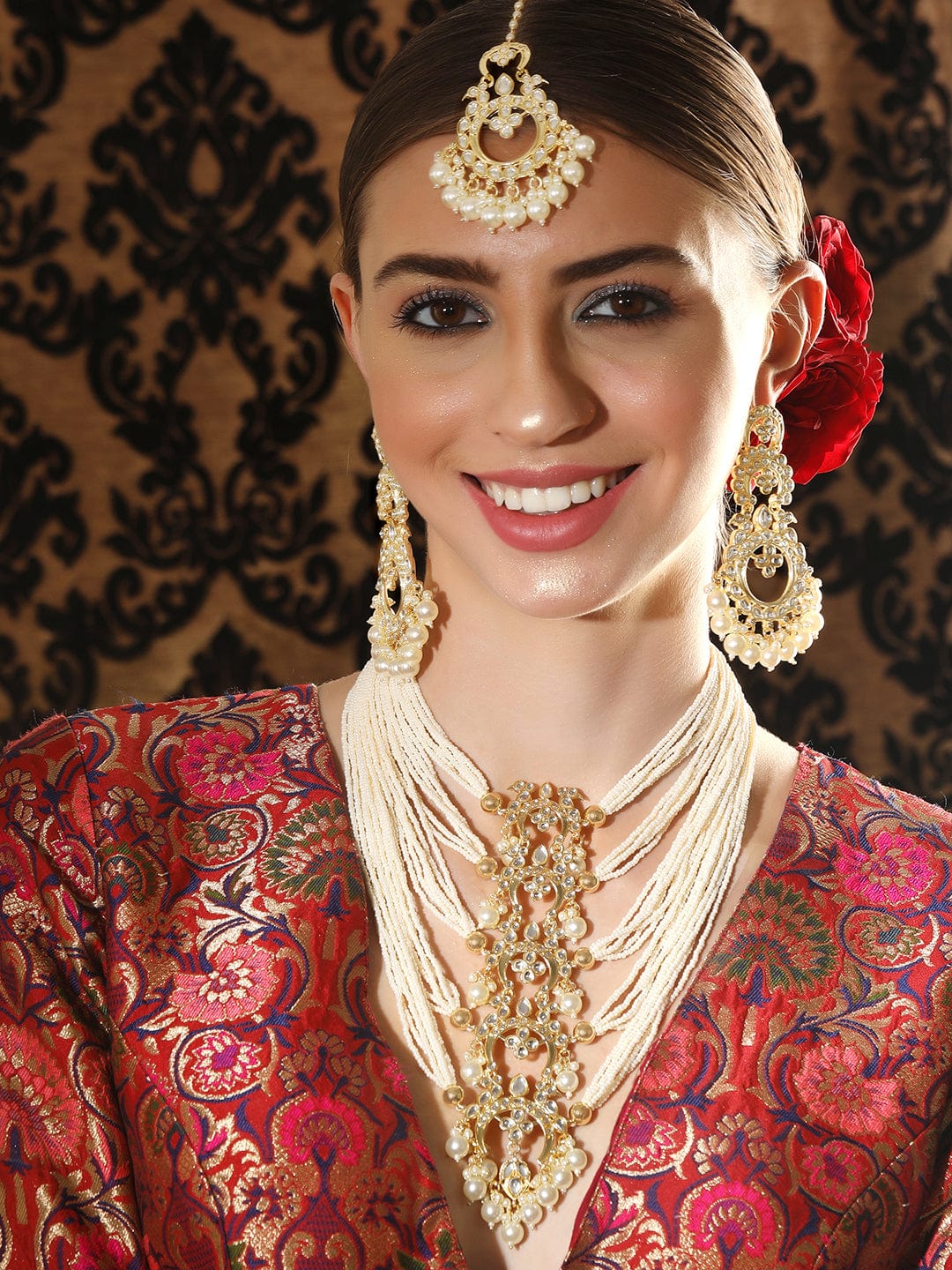 Rubans 24k Gold plated Kundan Studded Pearls Necklace,Earring & Maangtikka Set Necklace Set