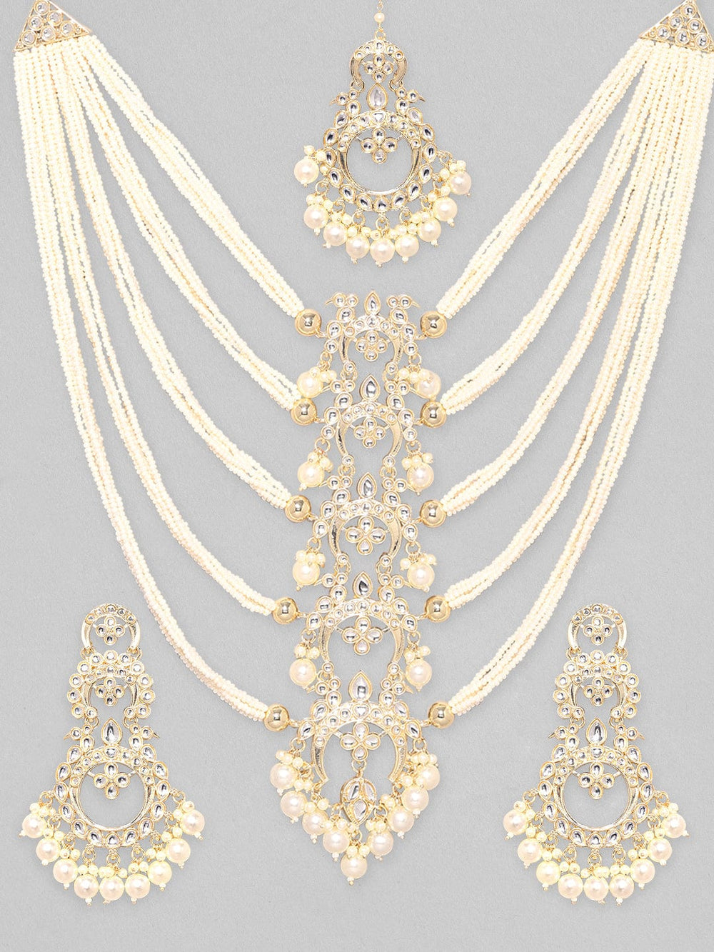 Rubans 24k Gold plated Kundan Studded Pearls Necklace,Earring & Maangtikka Set Necklace Set