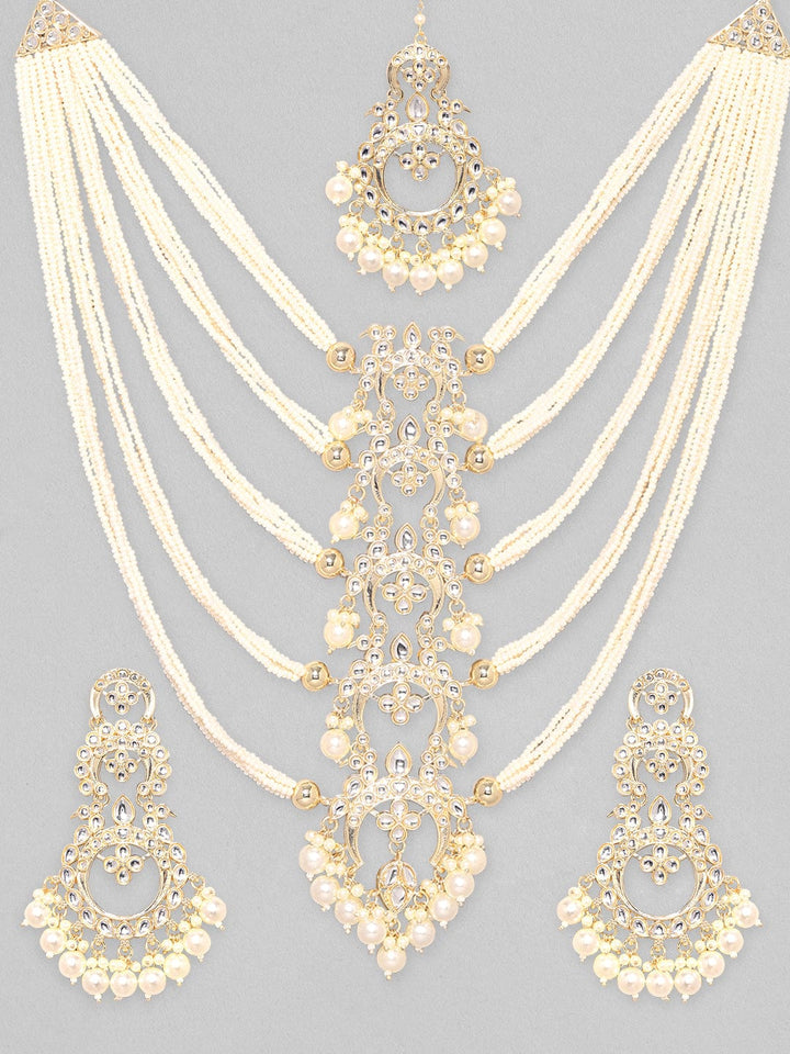 Rubans 24k Gold plated Kundan Studded Pearls Necklace,Earring & Maangtikka Set Necklace Set