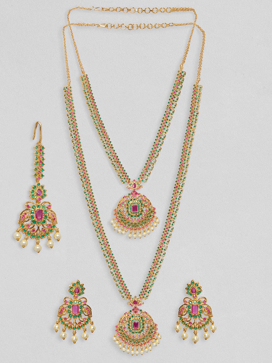 Rubans 24K Gold Plated Layered Necklace Set With Studded Green & Pink AD Necklace Set