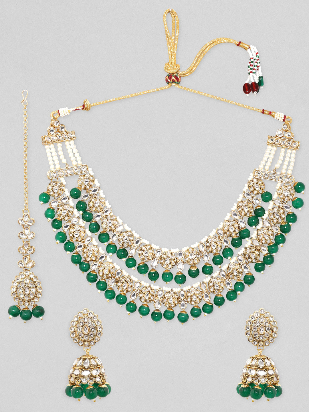 Rubans 24K Gold Plated Polki Stone Studded Green Beaded Double Layer Jewellery Set Necklace Set