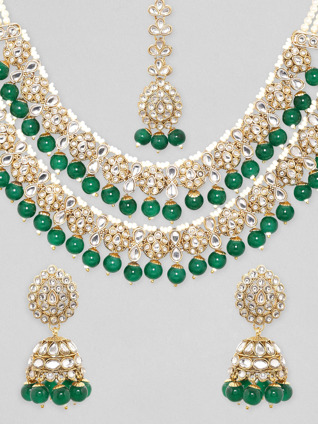 Rubans 24K Gold Plated Polki Stone Studded Green Beaded Double Layer Jewellery Set Necklace Set