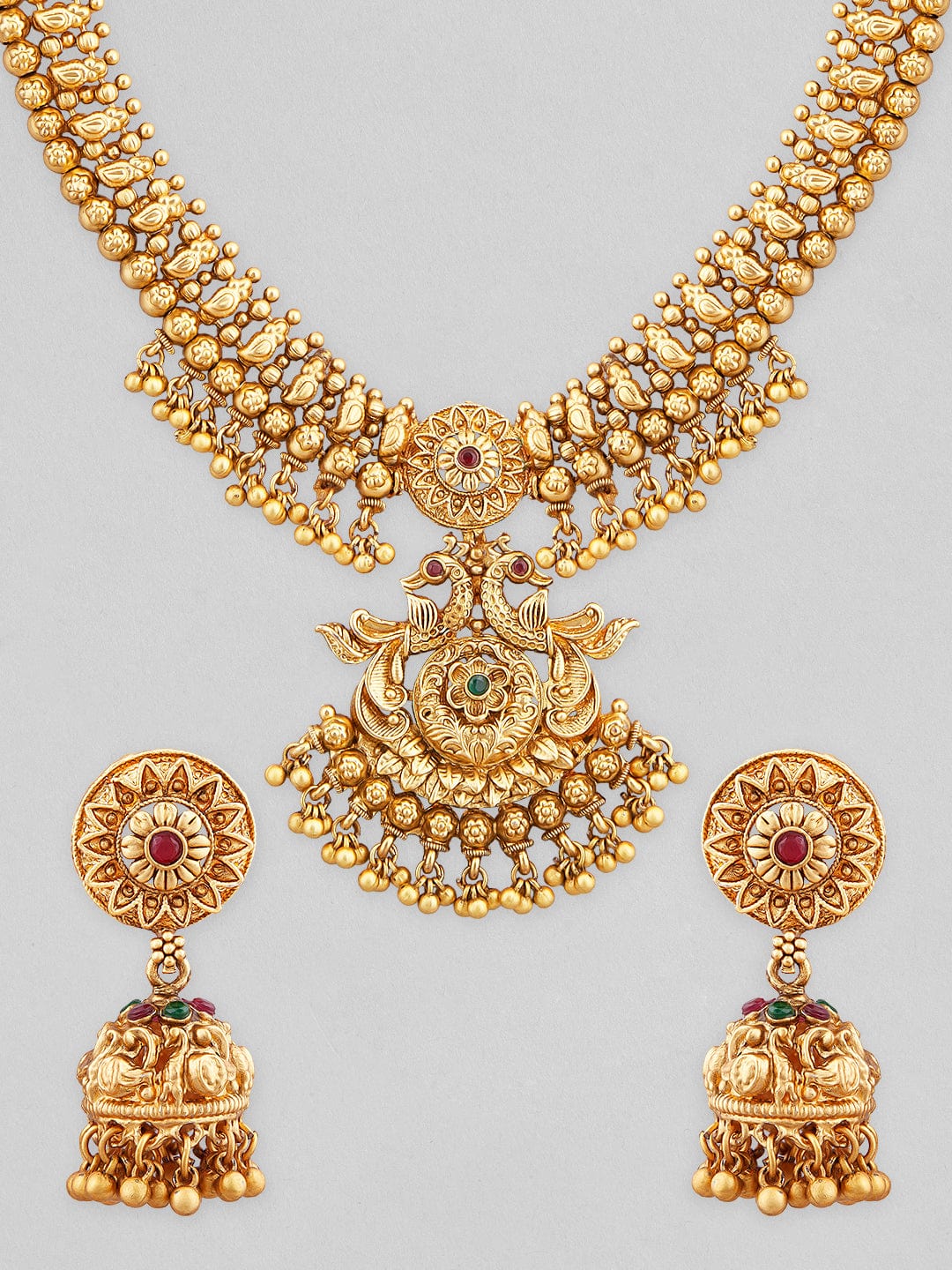 Rubans 24K Gold Plated Temple Necklace Set With Peacock Motifs. Necklace Set