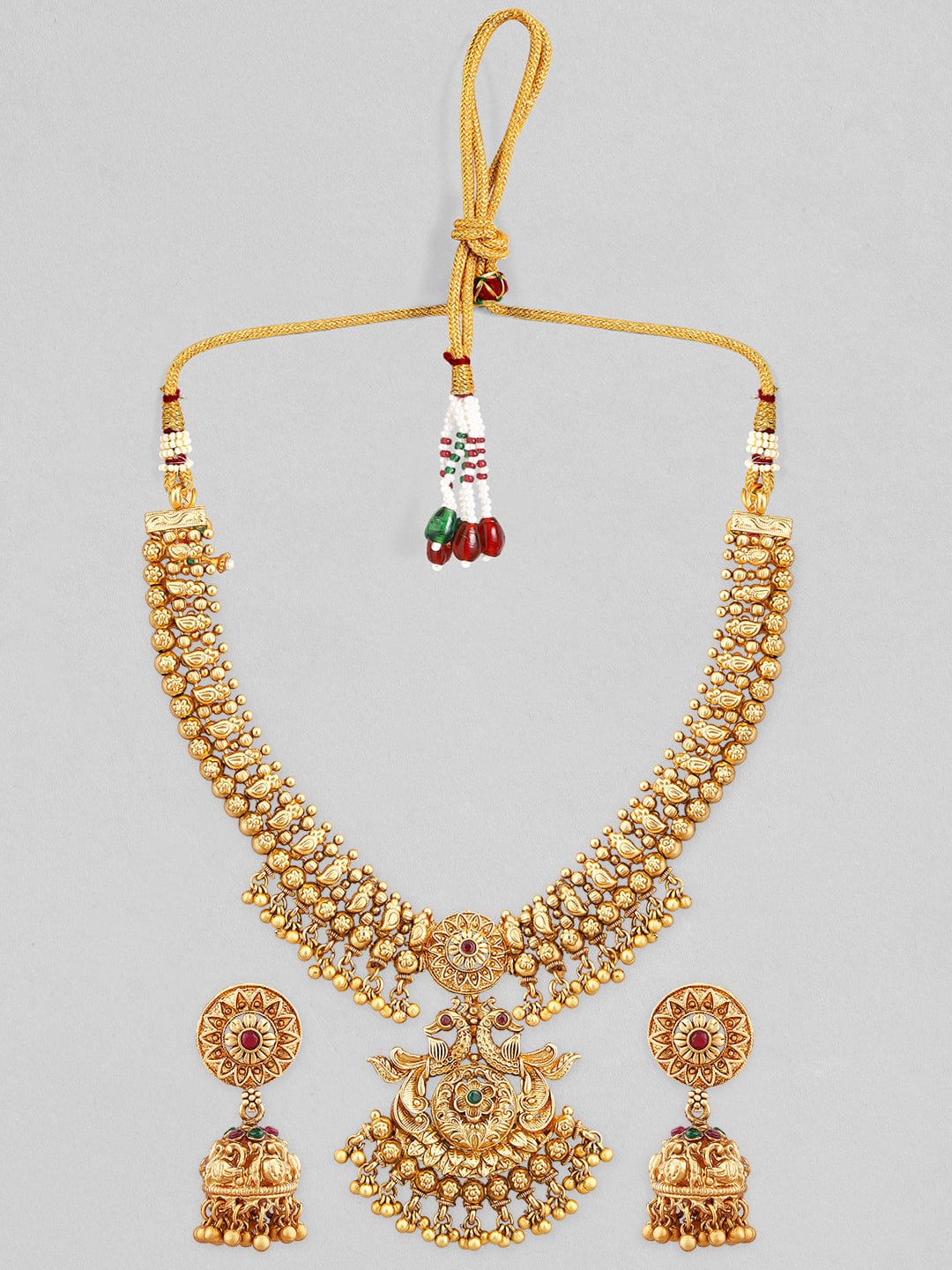 Rubans 24K Gold Plated Temple Necklace Set With Peacock Motifs. Necklace Set