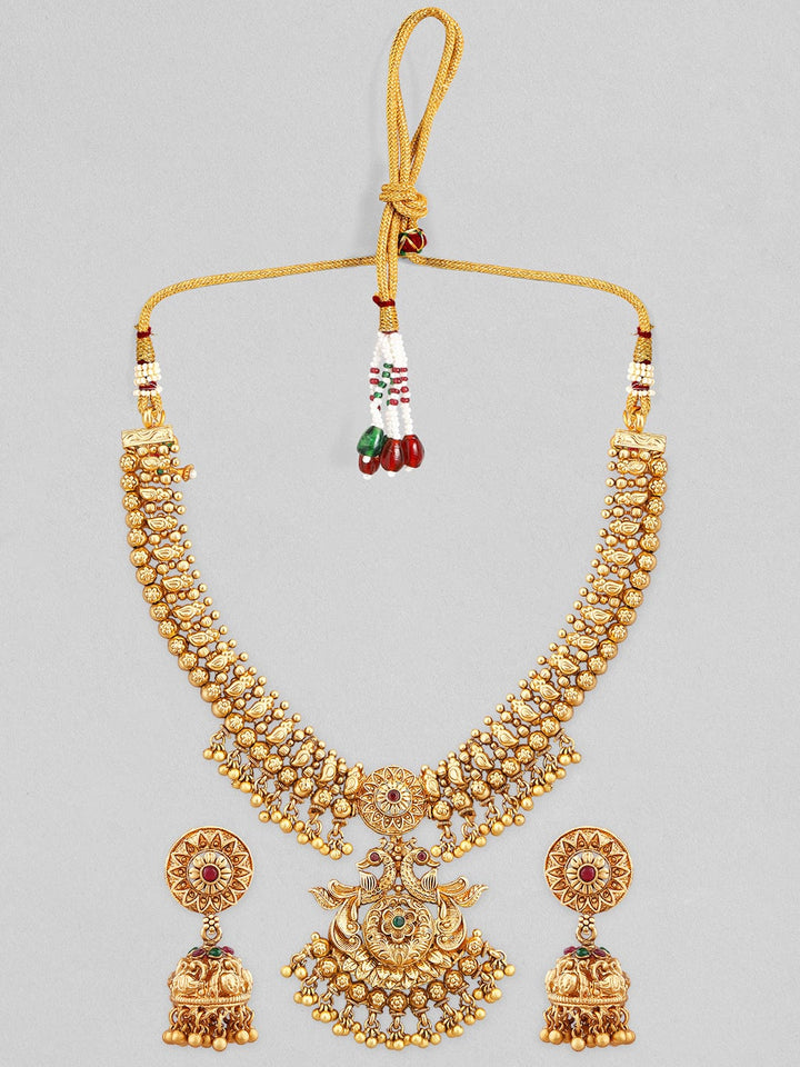 Rubans 24K Gold Plated Temple Necklace Set With Peacock Motifs. Necklace Set