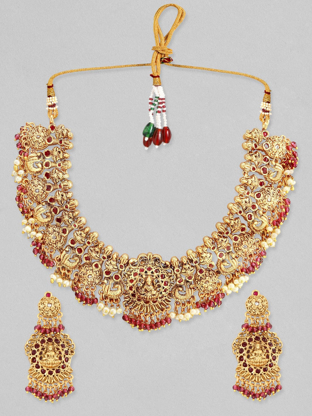 Rubans 24K Gold Plated Temple Necklace Set With Red Beads Necklace Set