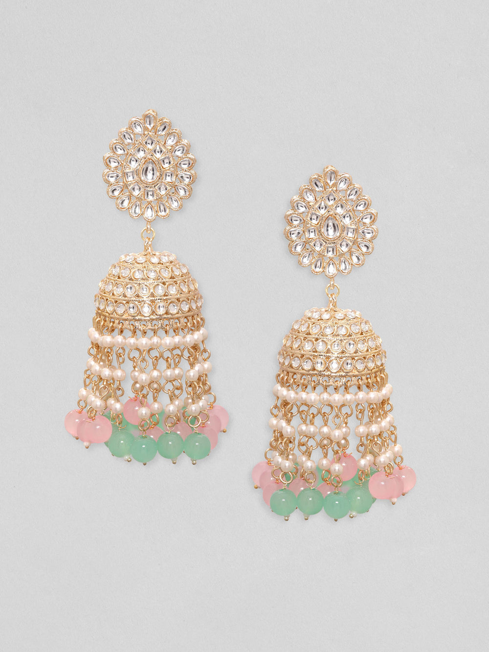 Rubans 24K Gold Toned Pastle Pink & Blue Pearl Beaded Kundan Studded Jhumka Earrings Earrings