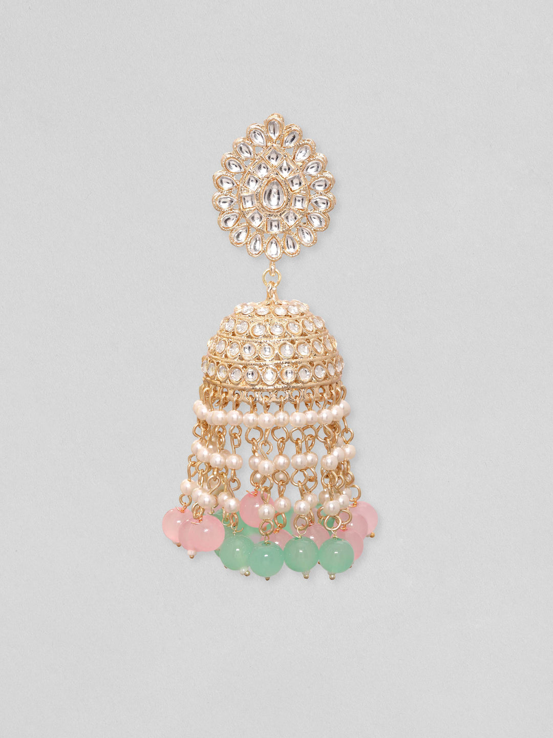 Rubans 24K Gold Toned Pastle Pink & Blue Pearl Beaded Kundan Studded Jhumka Earrings Earrings