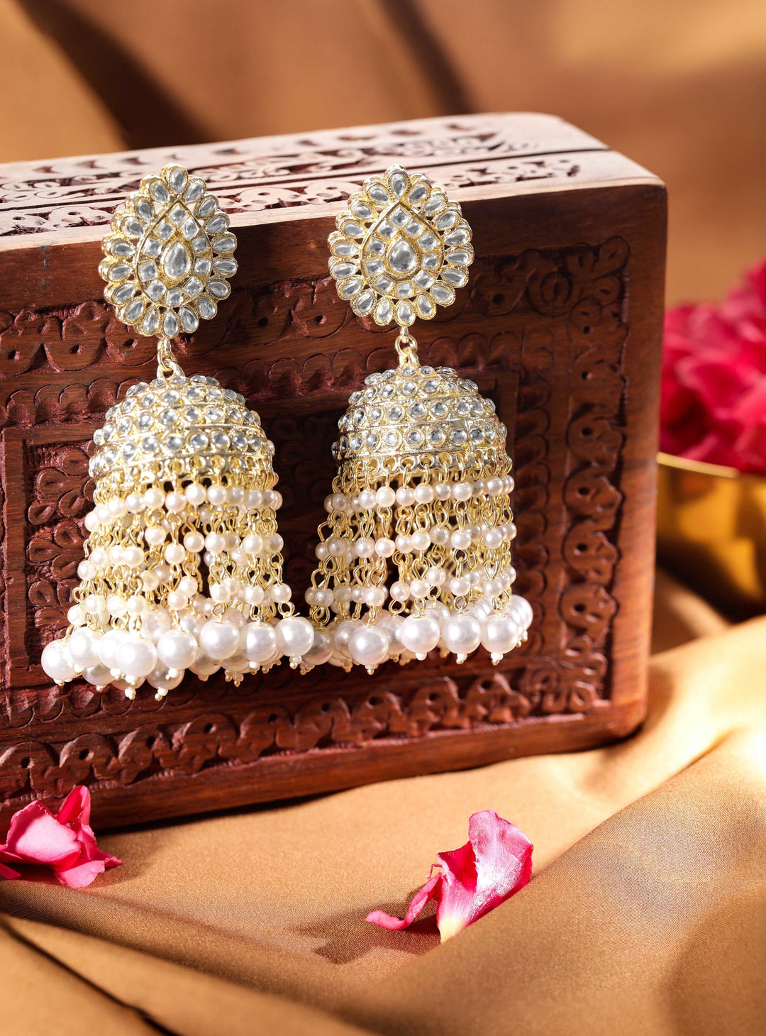 Rubans 24K Gold toned pearl beaded Kundan studded jhumka earrings Earrings