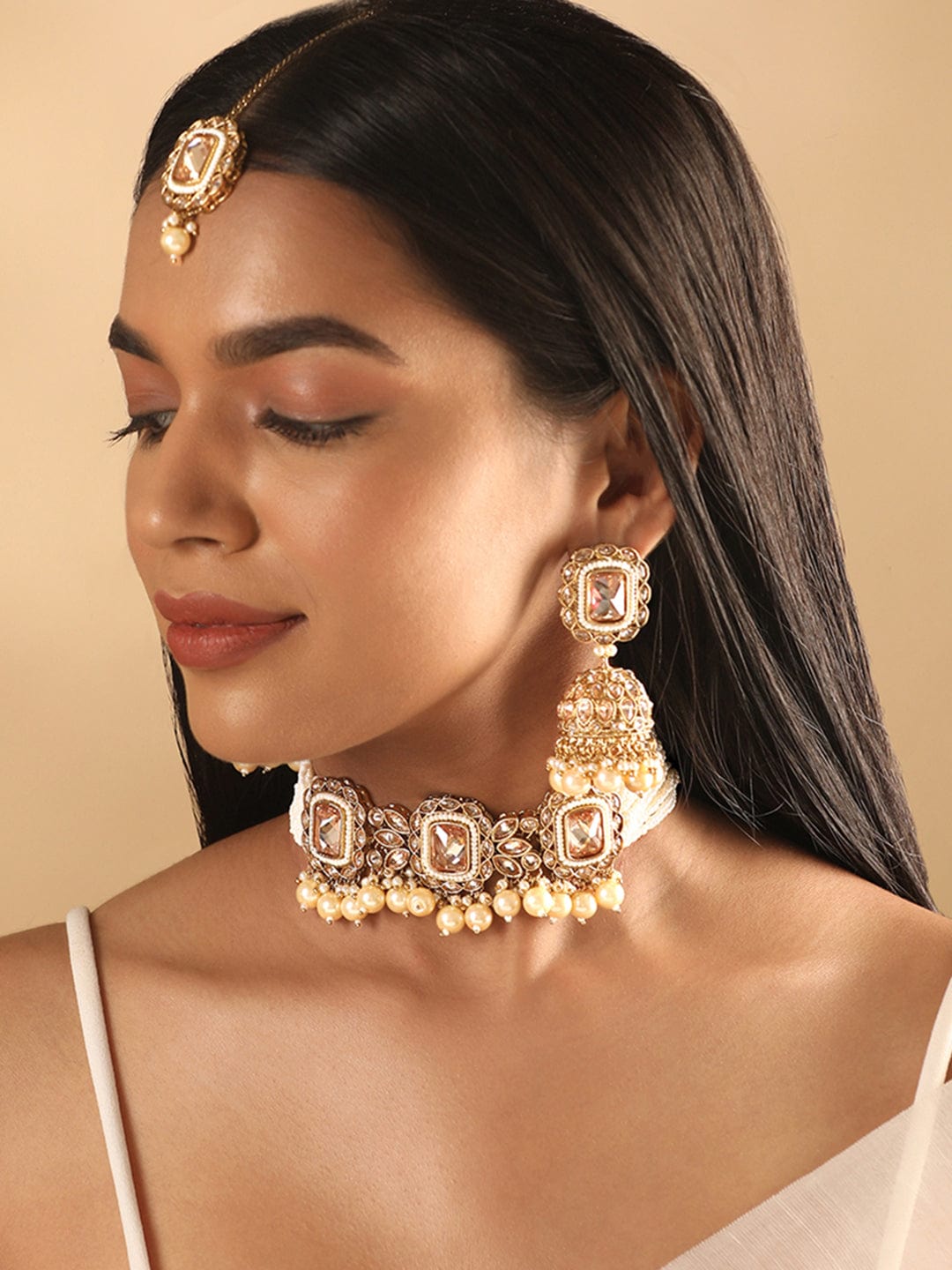 Rubans 24K Gold toned Reverse AD & Pearl Beaded Jewellery Set Necklaces, Necklace Sets, Chains & Mangalsutra